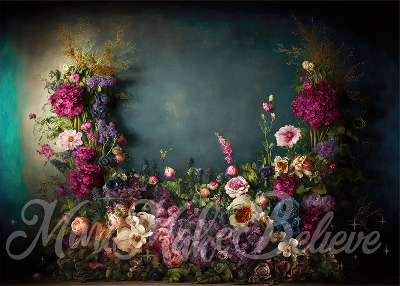 Kate Fine Art Backdrop Oil Painterly Floral Dark Teal Designed by Mini MakeBelieve - Kate Backdrop AU