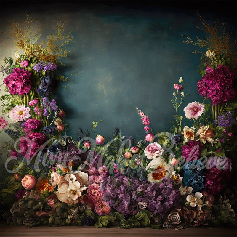 Kate Fine Art Backdrop Oil Painterly Floral Dark Teal Designed by Mini MakeBelieve - Kate Backdrop AU