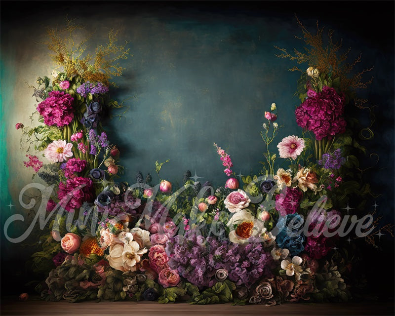 Kate Fine Art Backdrop Oil Painterly Floral Dark Teal Designed by Mini MakeBelieve