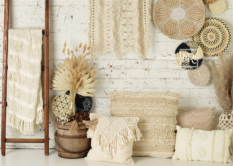 Kate Boho Macrame Wall Backdrop Baskets Ladder Designed by Mandy Ringe Photography