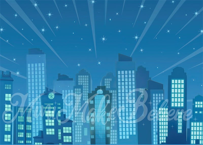 Kate Cake Smash City Buildings Backdrop Cartoon Blue Night Designed by Mini MakeBelieve