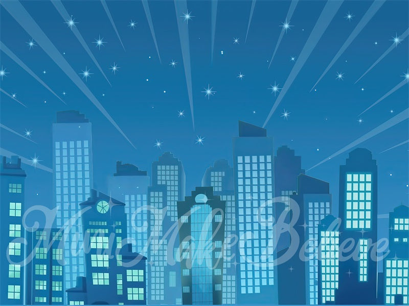Kate Cake Smash City Buildings Backdrop Cartoon Blue Night Designed by Mini MakeBelieve