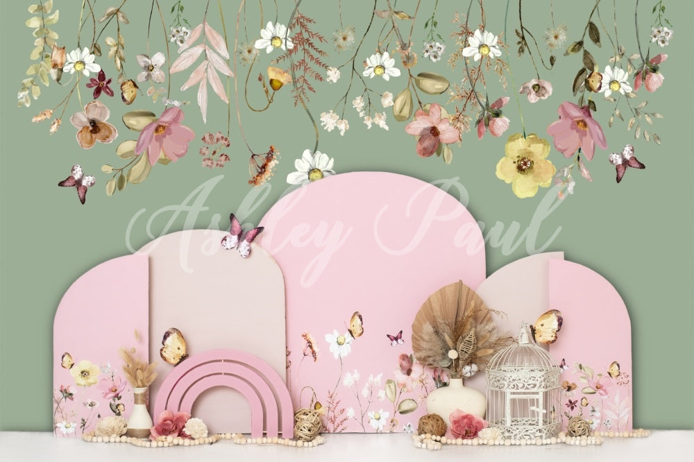 Kate Spring Floral Backdrop Green Butterfly Cake Smash Designed by Ashley Paul - Kate Backdrop AU