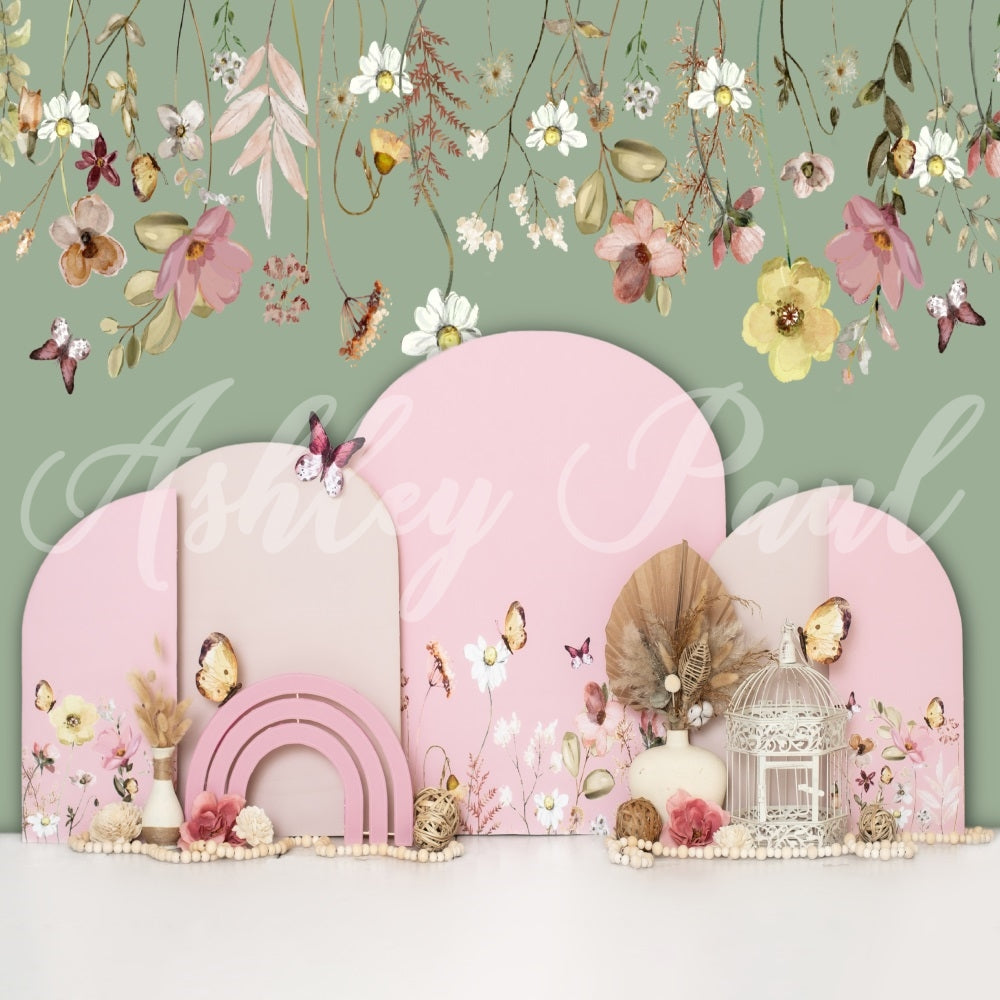 Kate Spring Floral Backdrop Green Butterfly Cake Smash Designed by Ashley Paul - Kate Backdrop AU