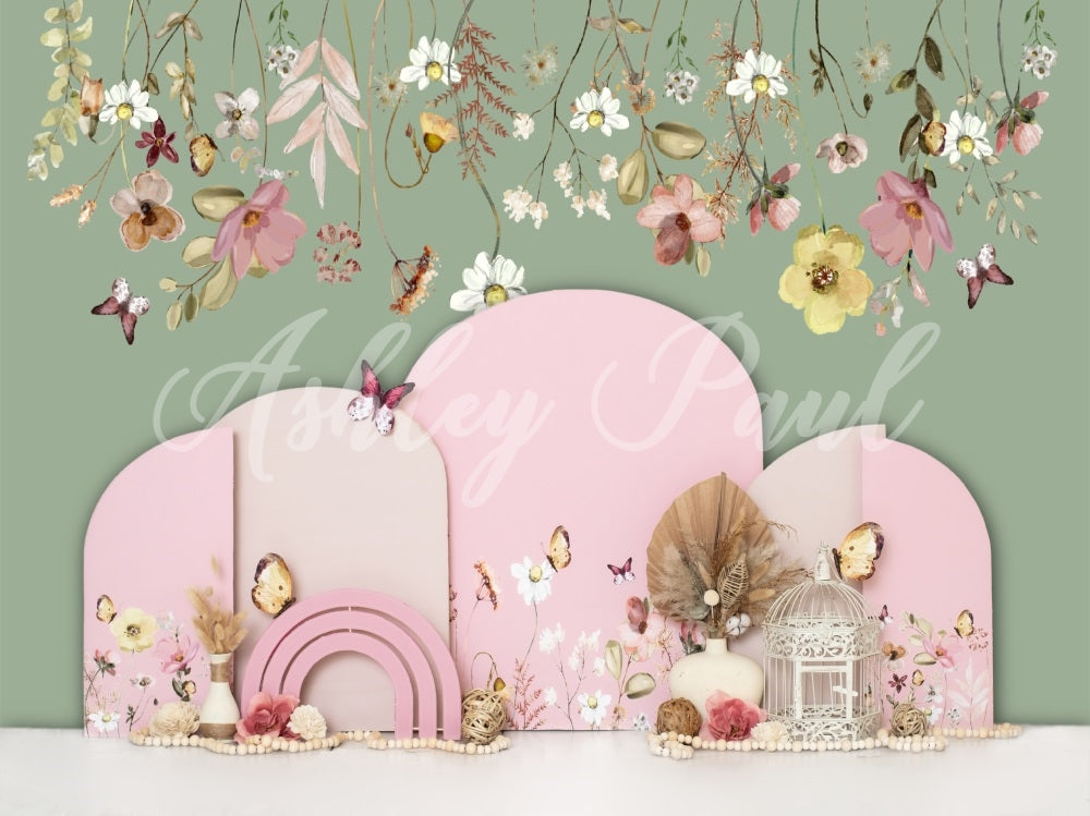 Kate Spring Floral Backdrop Green Butterfly Cake Smash Designed by Ashley Paul - Kate Backdrop AU