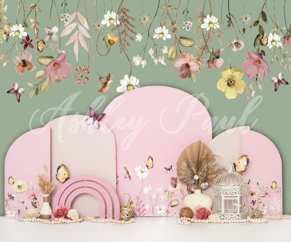 Kate Spring Floral Backdrop Green Butterfly Cake Smash Designed by Ashley Paul - Kate Backdrop AU