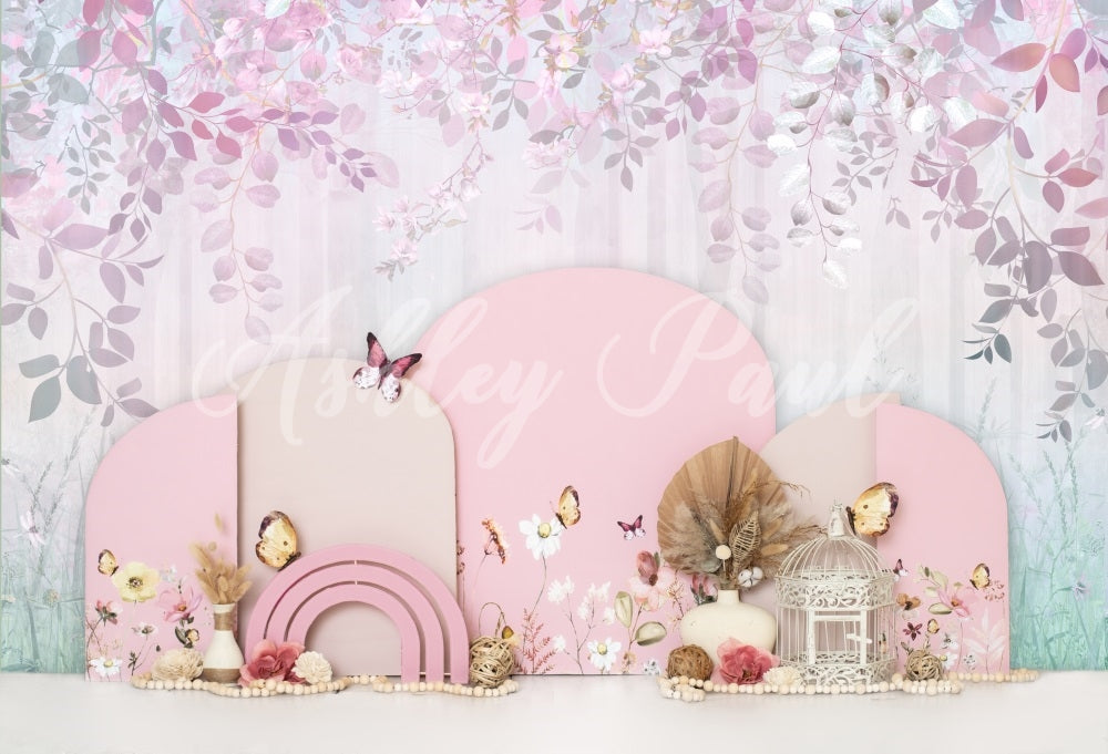 Kate Pink Buttefly Floral Backdrop Girl Cake Smash Designed by Ashley Paul - Kate Backdrop AU