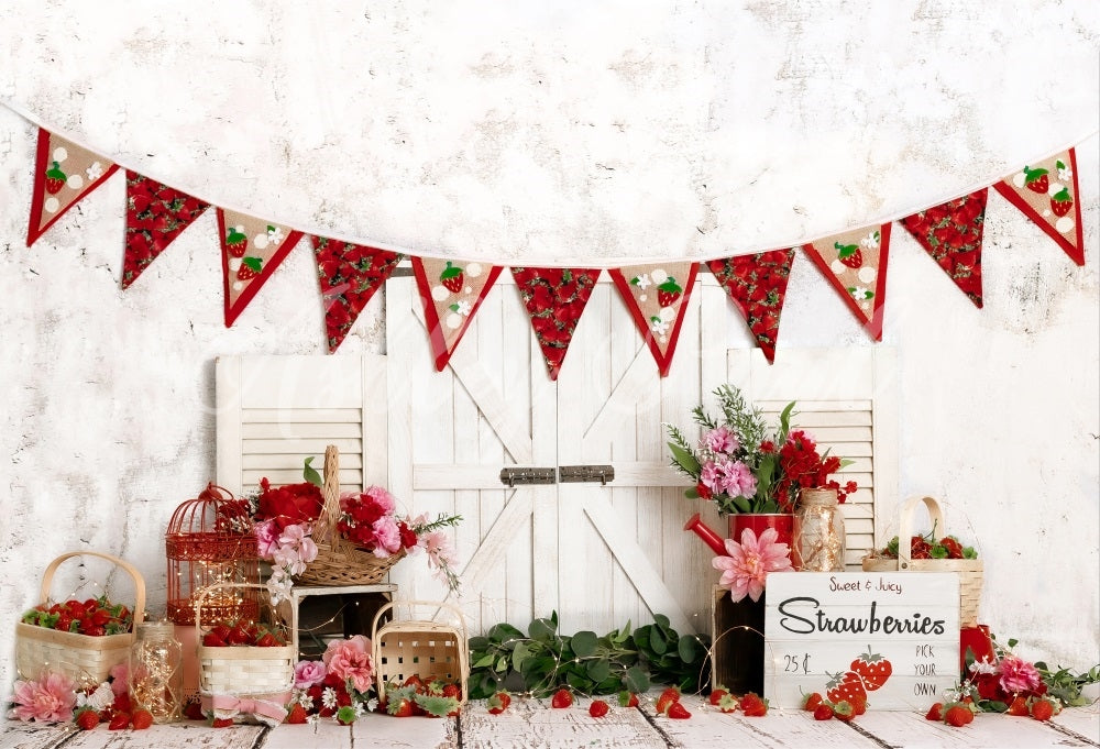 Kate Strawberry Party Backdrop Girl Cake Smash White Barn Door Designed by Ashley Paul - Kate Backdrop AU