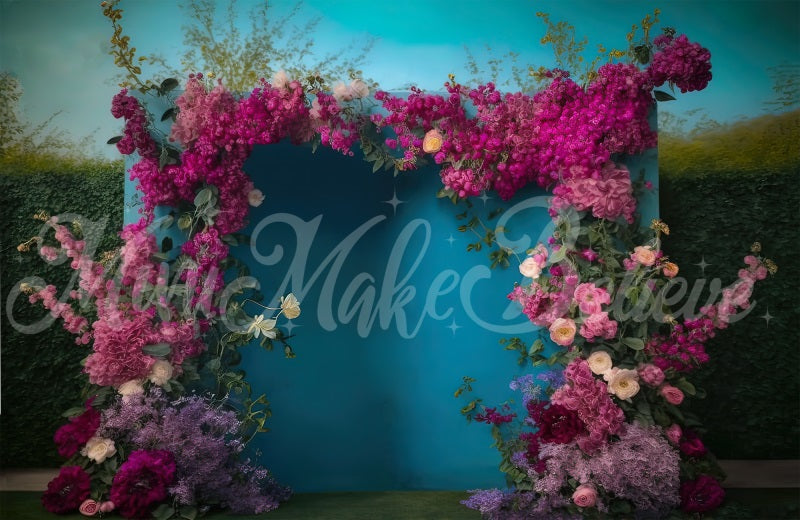 Kate Painted Outside Blue Wall Backdrop Spring Flowers Designed by Mini MakeBelieve - Kate Backdrop AU