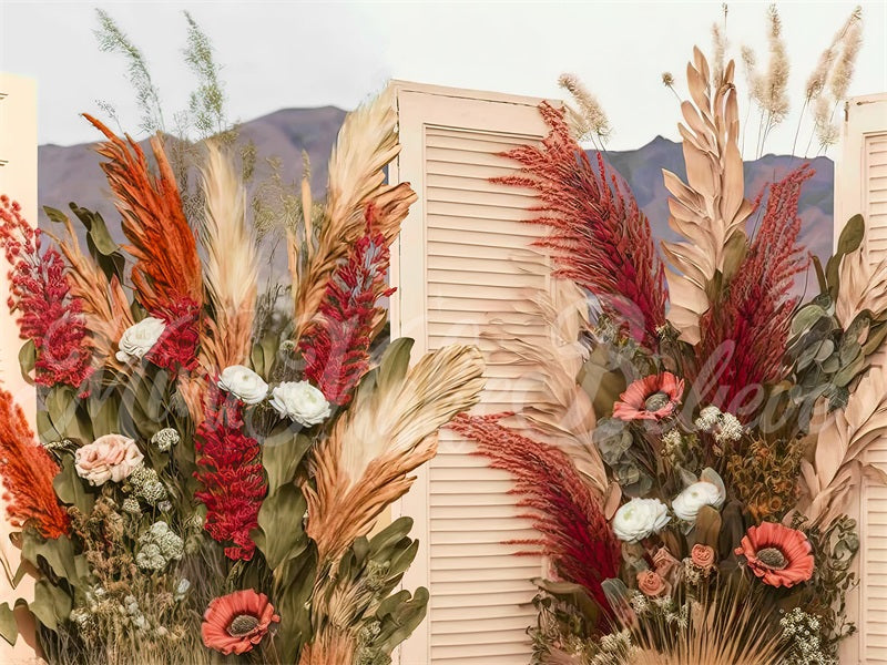 Kate Painterly Boho Backdrop Wood Doors Dried Flowers Designed by Mini MakeBelieve - Kate Backdrop AU