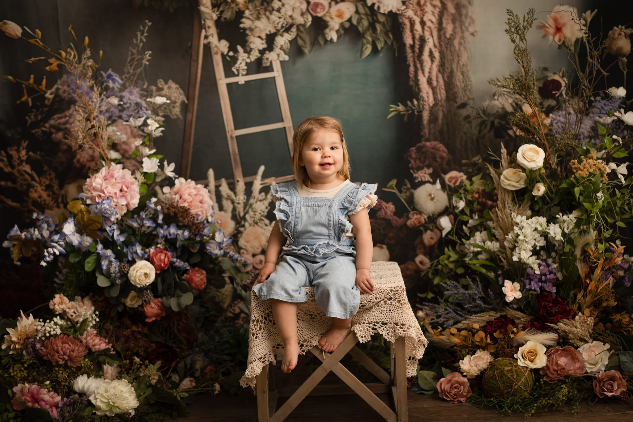 Kate Painterly Boho Backdrop Outdoors Wood Doors Dried Flowers Pampas Designed by Mini MakeBelieve