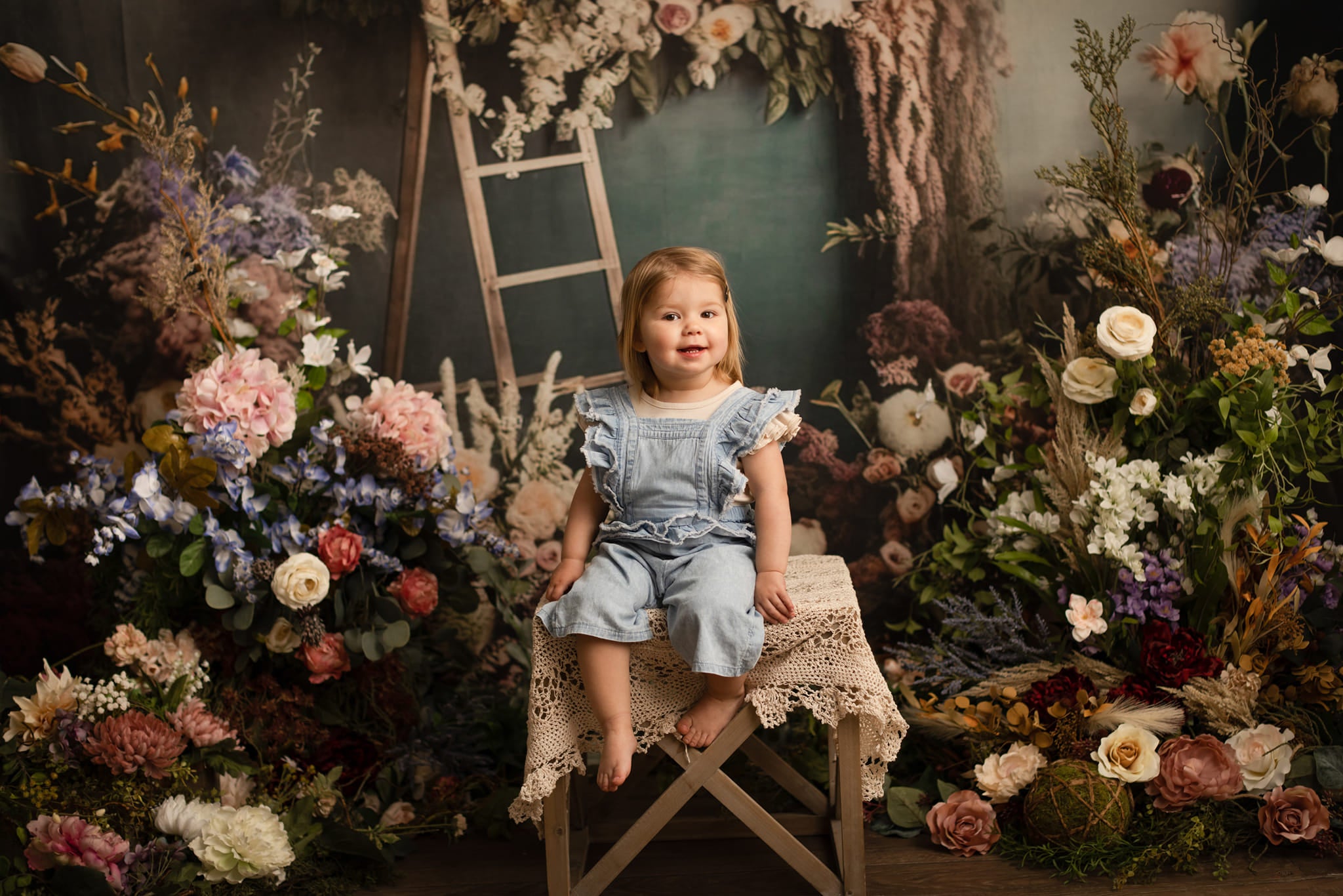 Kate Painterly Boho Backdrop Outdoors Wood Doors Dried Flowers Pampas Designed by Mini MakeBelieve - Kate Backdrop AU