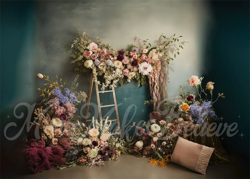 Kate Painterly Boho Backdrop Outdoors Wood Doors Dried Flowers Pampas Designed by Mini MakeBelieve - Kate Backdrop AU
