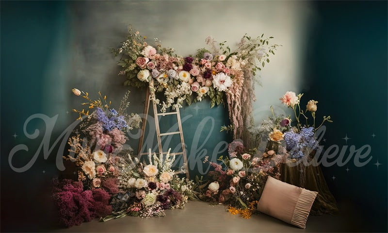 Kate Painterly Boho Backdrop Outdoors Wood Doors Dried Flowers Pampas Designed by Mini MakeBelieve - Kate Backdrop AU