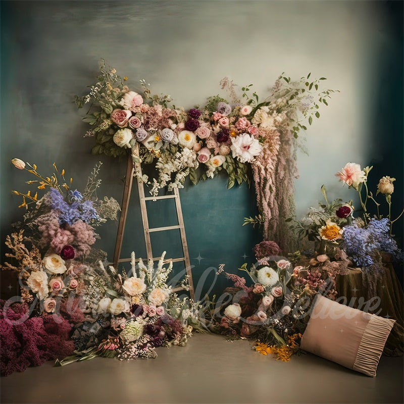 Kate Painterly Boho Backdrop Outdoors Wood Doors Dried Flowers Pampas Designed by Mini MakeBelieve - Kate Backdrop AU