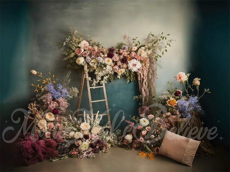 Kate Painterly Boho Backdrop Outdoors Wood Doors Dried Flowers Pampas Designed by Mini MakeBelieve - Kate Backdrop AU