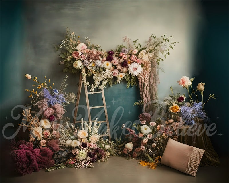 Kate Painterly Boho Backdrop Outdoors Wood Doors Dried Flowers Pampas Designed by Mini MakeBelieve - Kate Backdrop AU