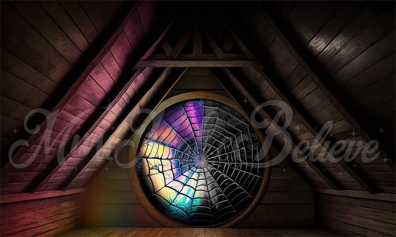 Kate Spooky Halloween Backdrop Attic Dorm Room Colorful Spiderweb Window Designed by Mini MakeBelieve