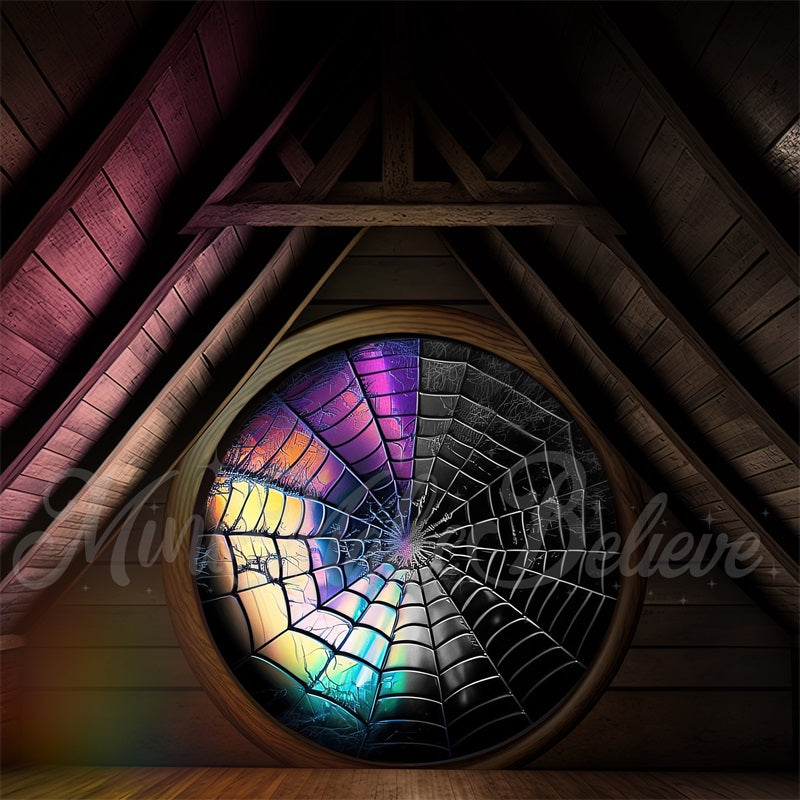 Kate Spooky Halloween Backdrop Attic Dorm Room Colorful Spiderweb Window Designed by Mini MakeBelieve