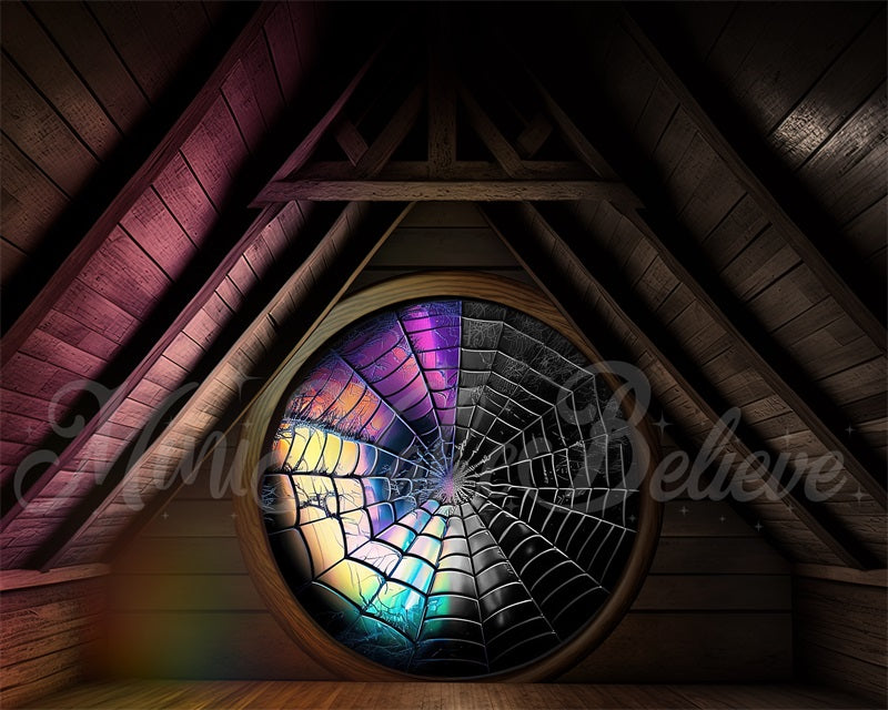 Kate Spooky Halloween Backdrop Attic Dorm Room Colorful Spiderweb Window Designed by Mini MakeBelieve