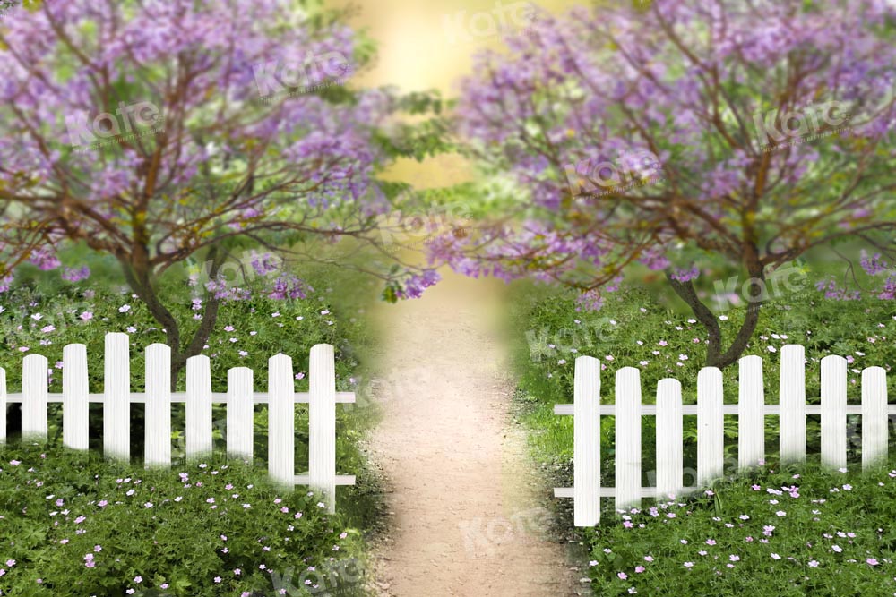 Kate Summer Garden Backdrop Purple Flowers Tree Grassland Fence Designed by Chain Photography