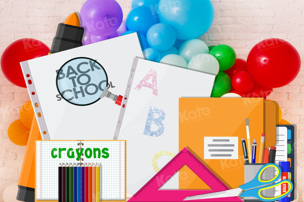 Kate Back to School Backdrop Cartoon Crayons Book for Photography - Kate Backdrop AU