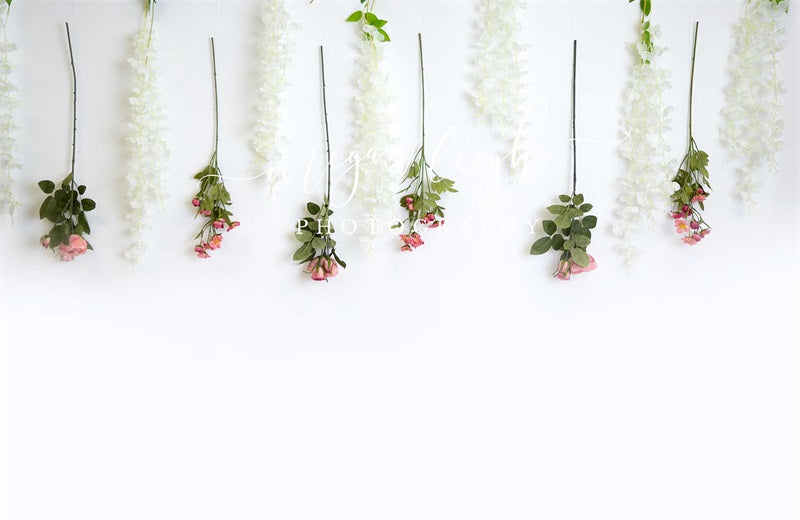 Kate Hanging Florals Backdrop White Wall Designed by Megan Leigh Photography