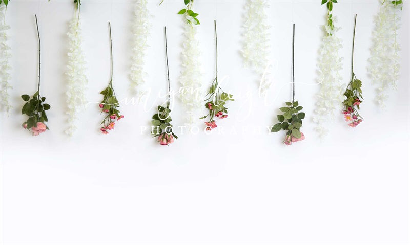 Kate Hanging Florals Backdrop White Wall Designed by Megan Leigh Photography