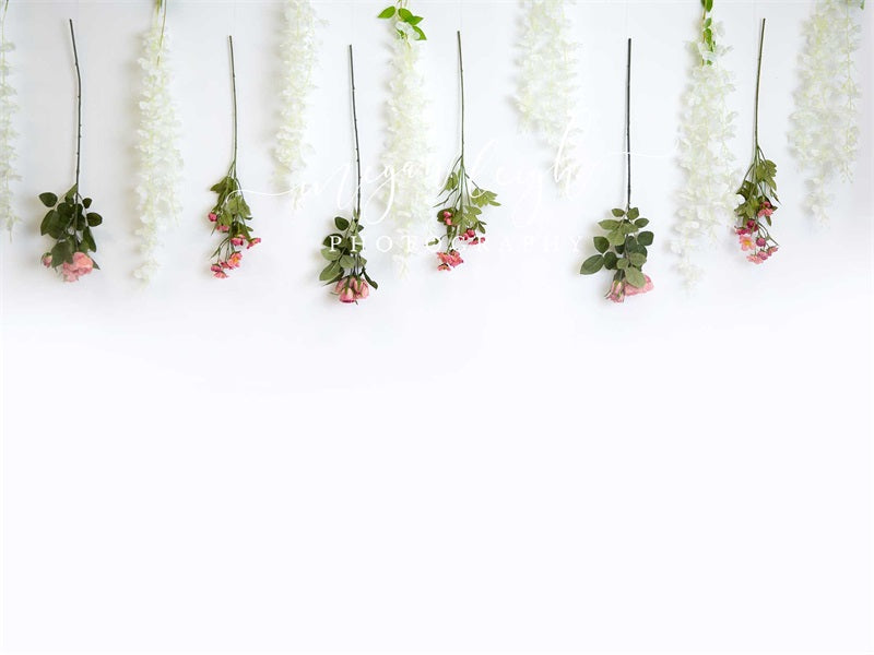 Kate Hanging Florals Backdrop White Wall Designed by Megan Leigh Photography