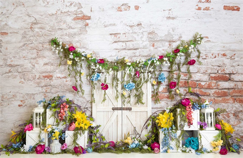 Kate Vibrant Blossoms Backdrop Brick Wall Designed by Megan Leigh Photography