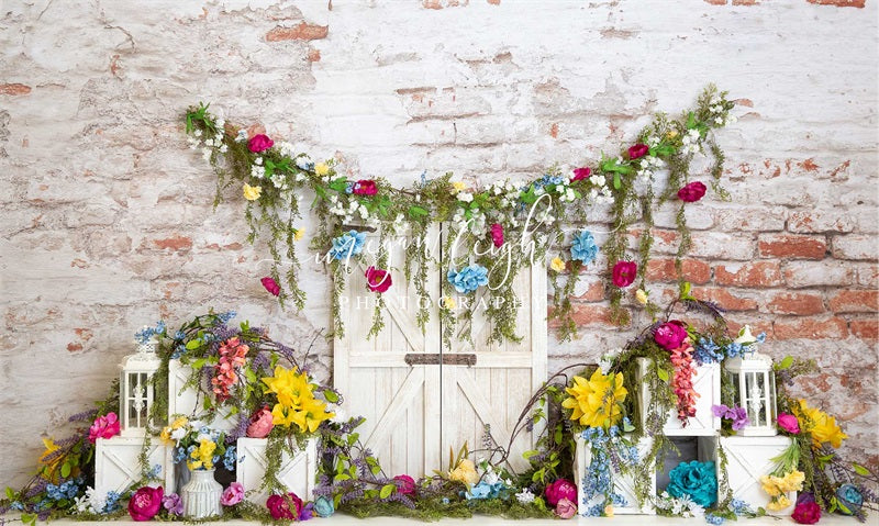 Kate Vibrant Blossoms Backdrop Brick Wall Designed by Megan Leigh Photography