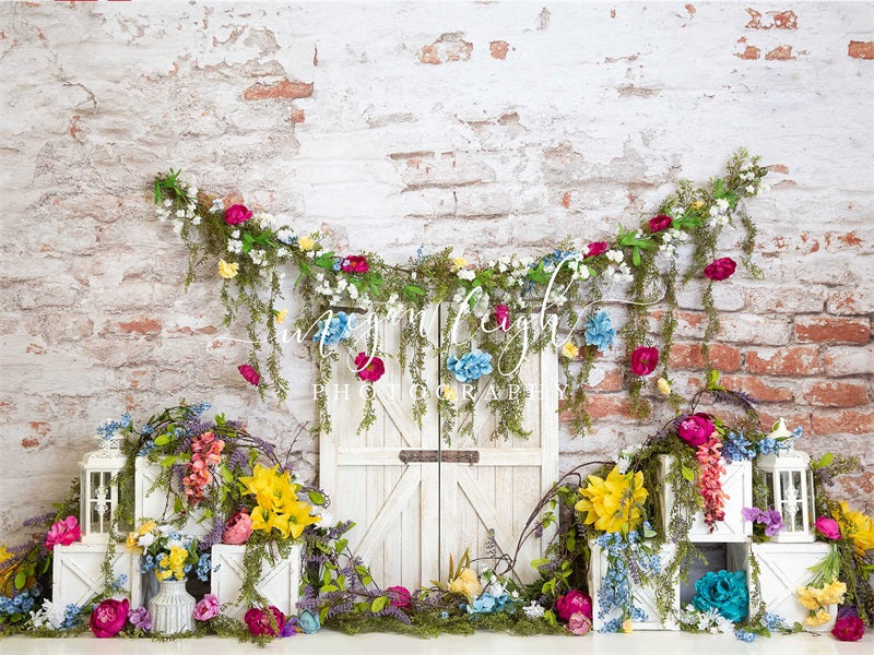 Kate Vibrant Blossoms Backdrop Brick Wall Designed by Megan Leigh Photography