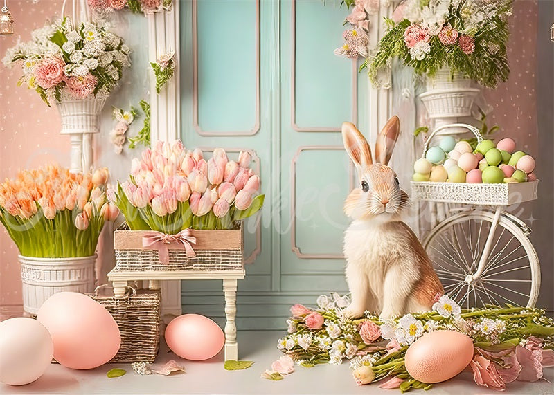 Kate Painterly Pastel Easter Bunny Backdrop Flowers Designed by Mini MakeBelieve