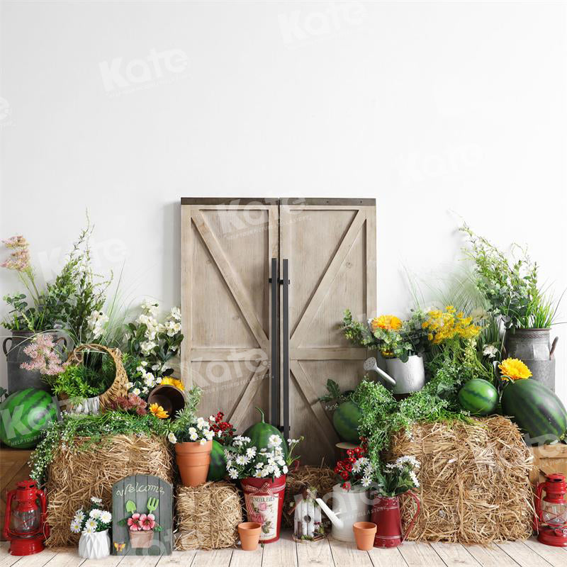 Kate Summer Watermelon Backdrop Barn Door Haystack for Photography