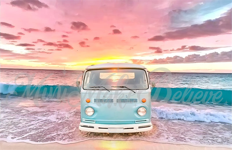 Kate Painterly Retro Van Waves Backdrop Beach Summer Sunset Designed by Mini MakeBelieve