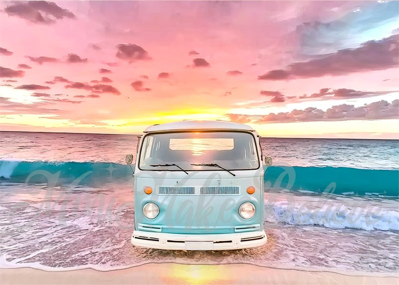 Kate Painterly Retro Van Waves Backdrop Beach Summer Sunset Designed by Mini MakeBelieve