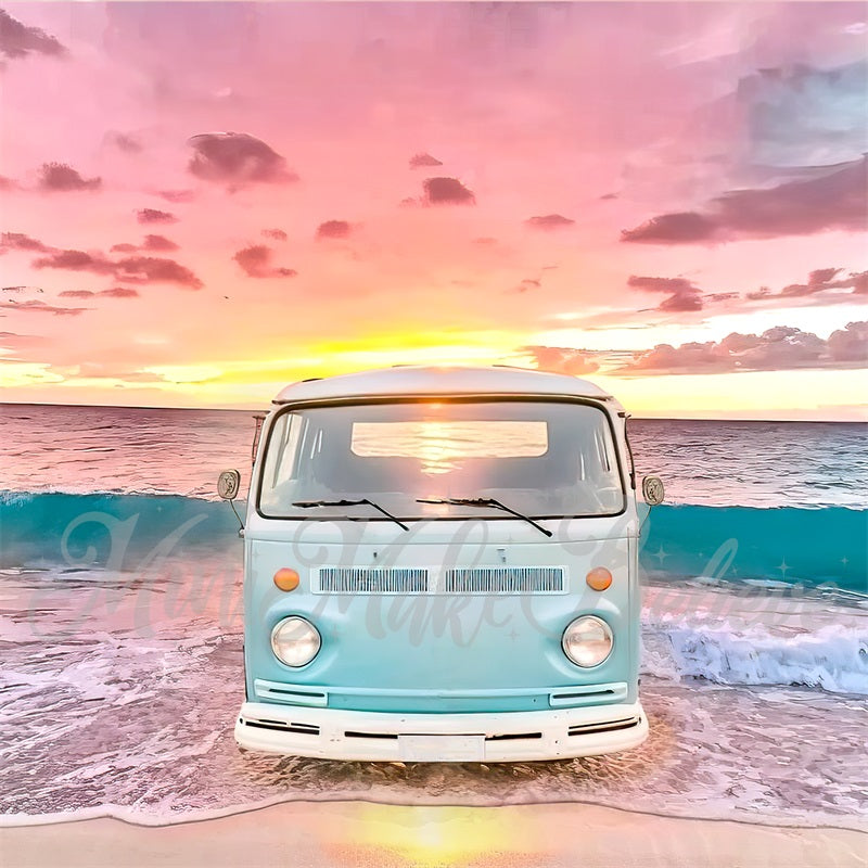Kate Painterly Retro Van Waves Backdrop Beach Summer Sunset Designed by Mini MakeBelieve