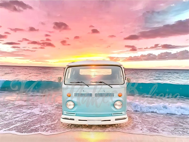 Kate Painterly Retro Van Waves Backdrop Beach Summer Sunset Designed by Mini MakeBelieve