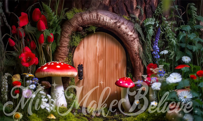 Kate Painterly Fine Art Backdrop Woodland Mushroom Door Gnome Fairy Designed by Mini MakeBelieve