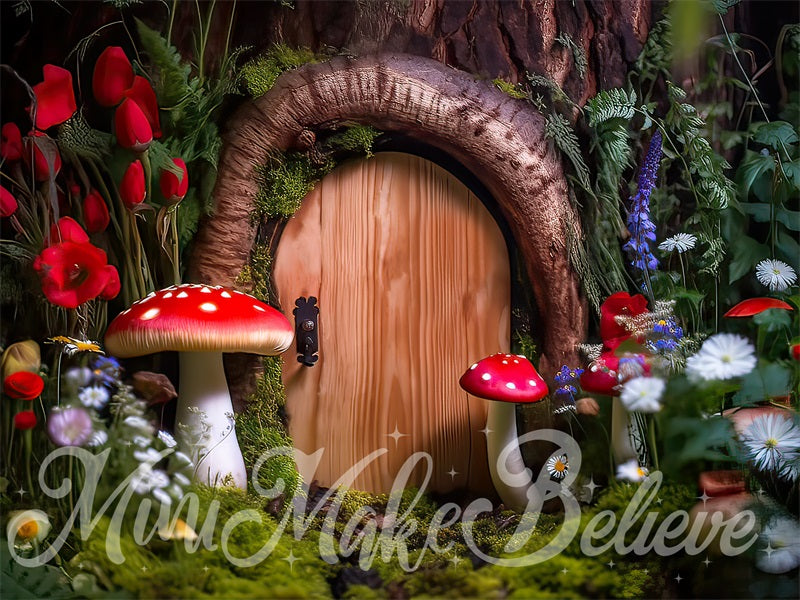 Kate Painterly Fine Art Backdrop Woodland Mushroom Door Gnome Fairy Designed by Mini MakeBelieve