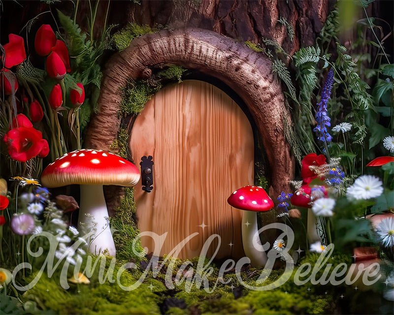 Kate Painterly Fine Art Backdrop Woodland Mushroom Door Gnome Fairy Designed by Mini MakeBelieve