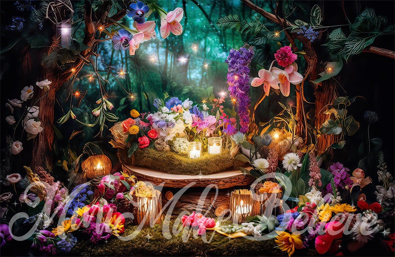Kate Painterly Fine Art Fairy Lights Backdrop Forest at Night Designed by Mini MakeBelieve - Kate Backdrop AU