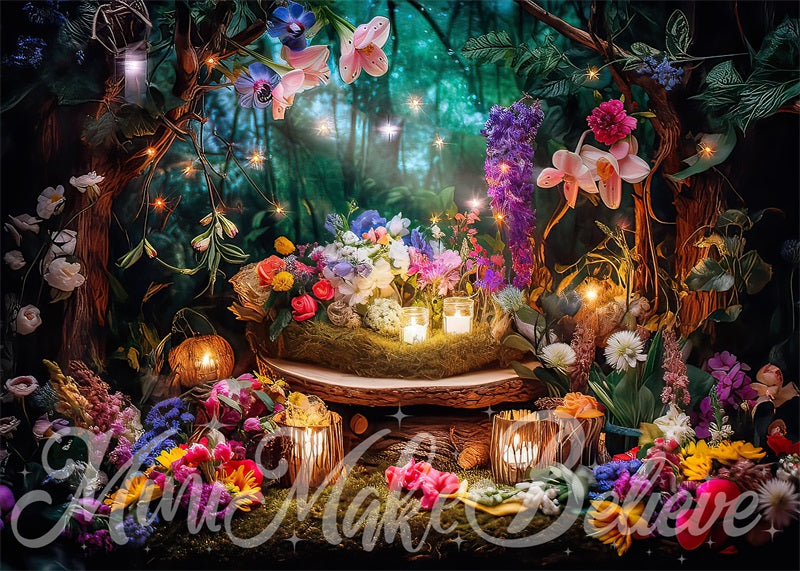 Kate Painterly Fine Art Fairy Lights Backdrop Forest at Night Designed by Mini MakeBelieve