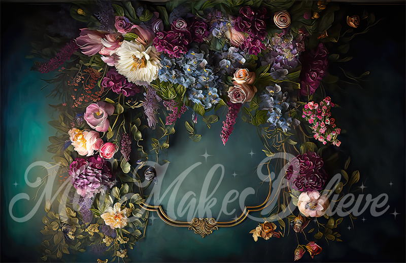 Kate Fine Art Floral Backdrop Dark Teal with Gold Trim Designed by Mini MakeBelieve - Kate Backdrop AU