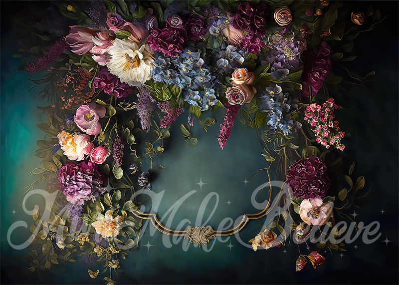 Kate Fine Art Floral Backdrop Dark Teal with Gold Trim Designed by Mini MakeBelieve - Kate Backdrop AU