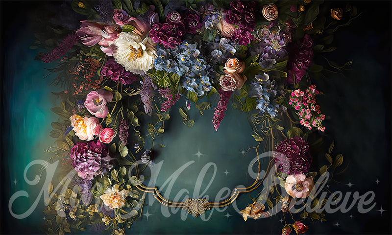 Kate Fine Art Floral Backdrop Dark Teal with Gold Trim Designed by Mini MakeBelieve - Kate Backdrop AU