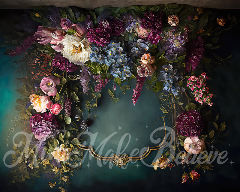 Kate Fine Art Floral Backdrop Dark Teal with Gold Trim Designed by Mini MakeBelieve - Kate Backdrop AU