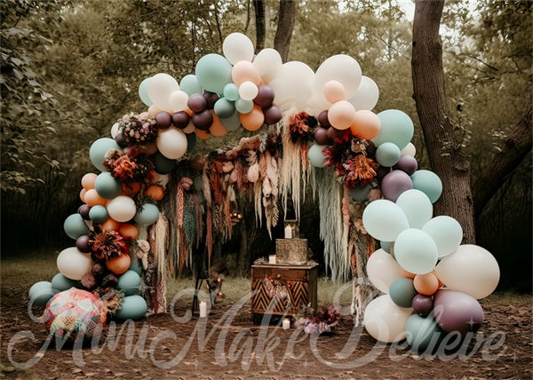 Kate Boho Muted Pastel Backdrop Balloons Arch Woodlands Designed by Mini MakeBelieve