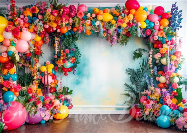 Kate Painterly Fine Art Fun Tropical Flower Backdrop Balloon Arch Watercolor Wall Designed by Mini MakeBelieve - Kate Backdrop AU