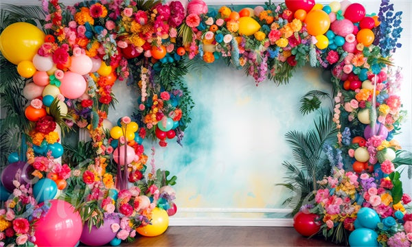 Kate Painterly Fine Art Fun Tropical Flower Backdrop Balloon Arch Watercolor Wall Designed by Mini MakeBelieve - Kate Backdrop AU